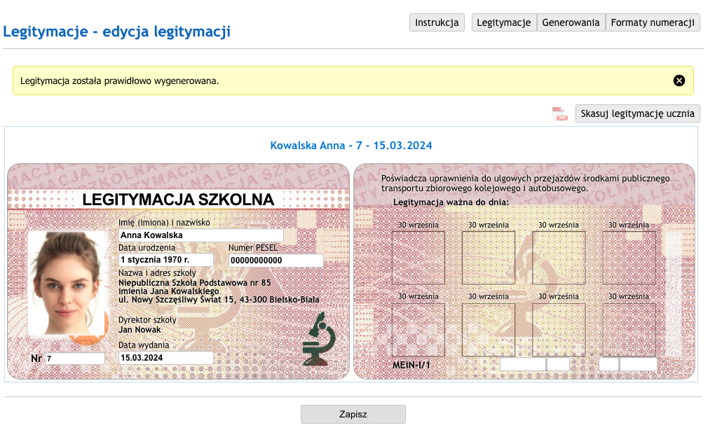 Generowanie e-legitymacji w dzienniku elektronicznym mobiDziennik