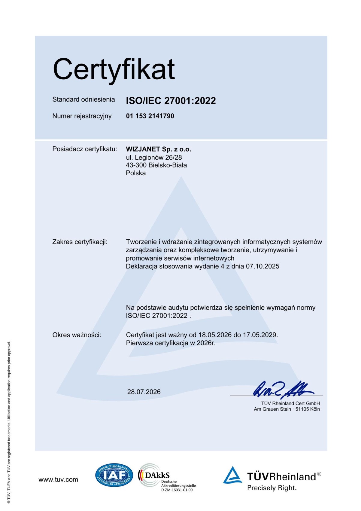 Certyfikat ISO 27001:2022